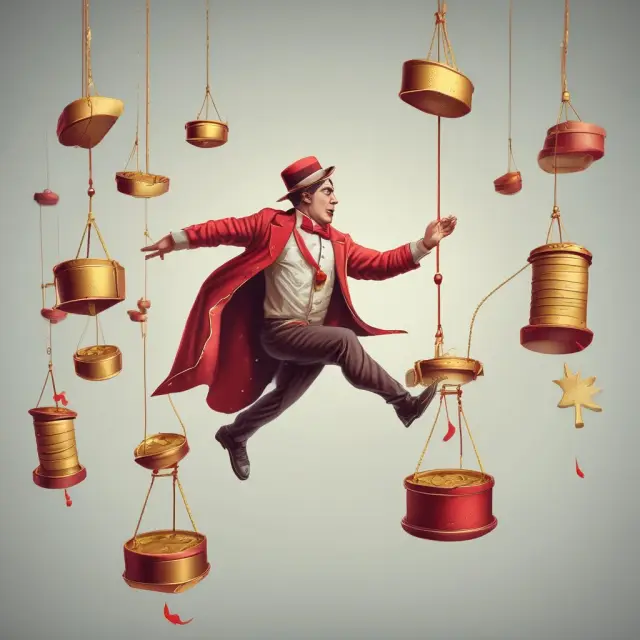 A person on a tightrope balances between gold coins (potential gains) and jars of red ink (potential losses), illustrating the risks involved in rogue trading.