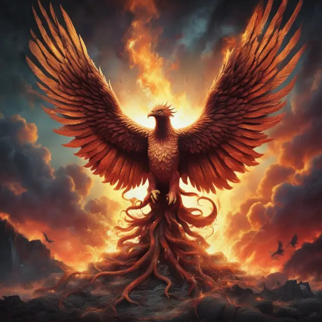 A fiery Phoenix rising above a shattered financial cityscape, representing the power of redemption and resilience in the face of rogue trader losses.