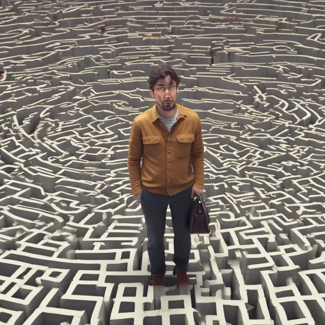 Trader making strategic moves through an intricate maze to represent the execution of call roll back options strategy.