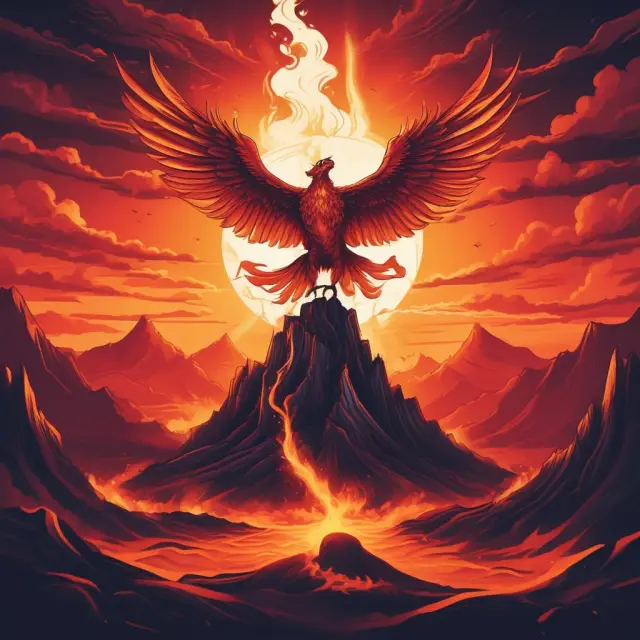 Phoenix emerging from a fiery volcano, representing roll-up strategy in options trading.