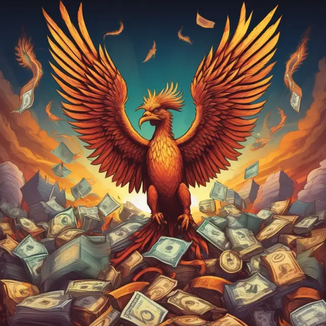 Phoenix emerging from a heap of options, futures, and forwards, illustrating the benefits of roll-forward strategies.