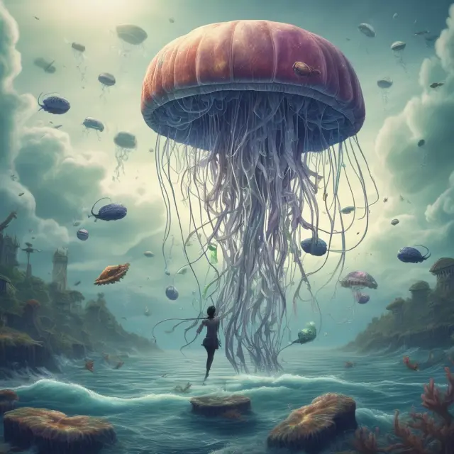 Jellyfish symbolizes short-term debt; wavy lines represent interest rates. Jellyfish must navigate through changing waters to survive, emphasizing rollover risk.