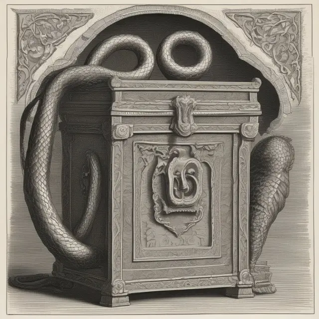 A serpent with three heads representing counterparty, basis, and liquidity risks guards a treasure chest, emphasizing the challenges of managing risks when hedging against rollover risk.