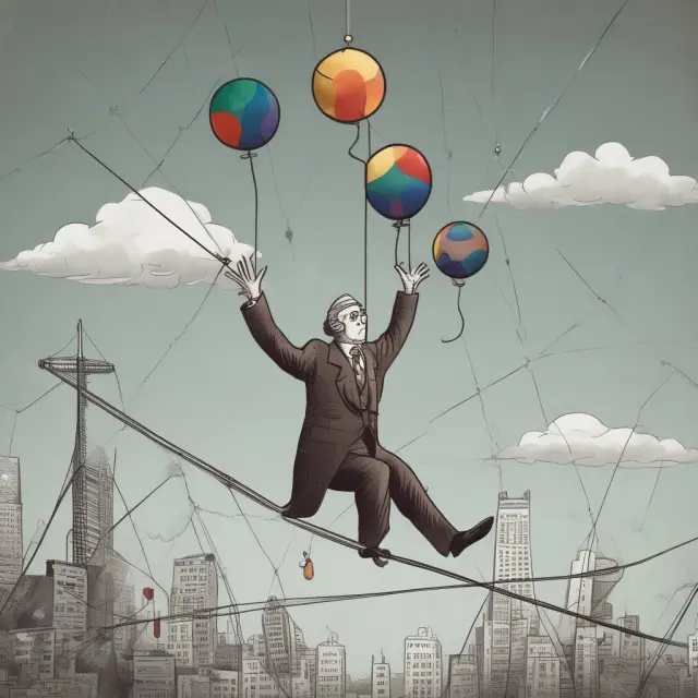 Juggler balances retirement accounts on a tightrope while following IRS guidelines. Forex trading rollovers depicted as balls being exchanged between hands.