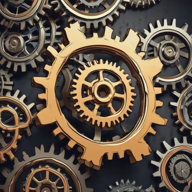Two gears symbolizing Return on Sales (ROS) and Operating Profit Margin (OPM) rotate around a sales revenue base, highlighting their correlation in profit margin assessment.