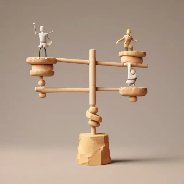 A scale balanced on a seesaw with ROS on one pan and industry competitors on the other, demonstrating operational efficiency through high ROS