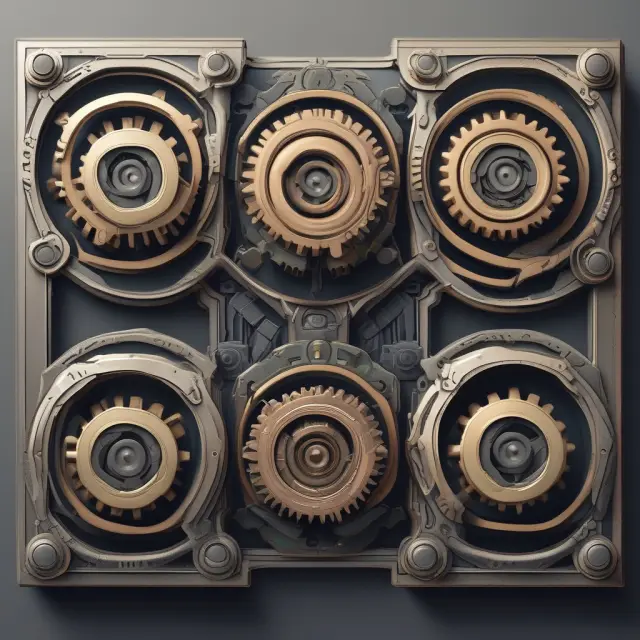 An intricate gear system symbolizes ROE (green), ROA (blue), ROI (red), and ROS (yellow) working together to depict comprehensive financial analysis.