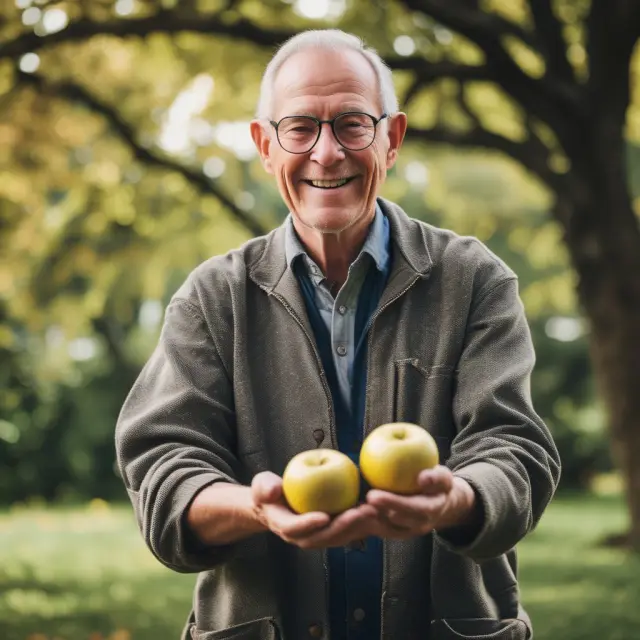 Retiree with a golden apple from a tree representing tax-efficient and age-appropriate Roth 401(k) withdrawals
