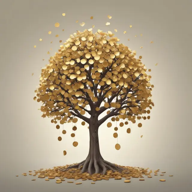 Golden tree producing coins: a metaphor for the ongoing financial benefits of royalties