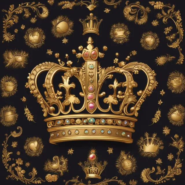 A golden crown surrounded by various symbols representing book royalties, performance royalties, patent royalties, franchise royalties, and mineral royalties.