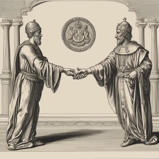 Two figures shaking hands and exchanging golden coins in a grand royal setting, representing the licensing agreement and royalty payments