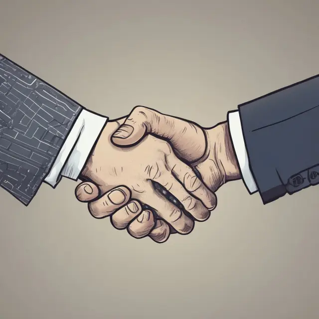 Two silhouetted figures shaking hands under a licensing agreement document
