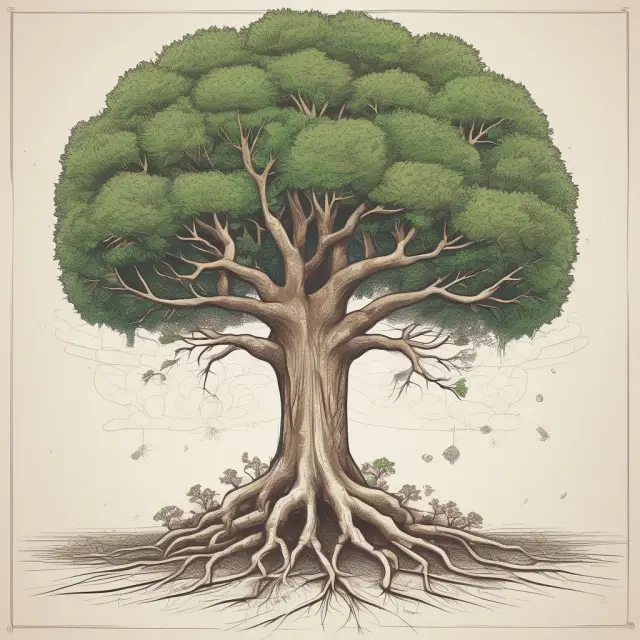 A sturdy tree with roots representing royalties derived from intellectual property and natural resources