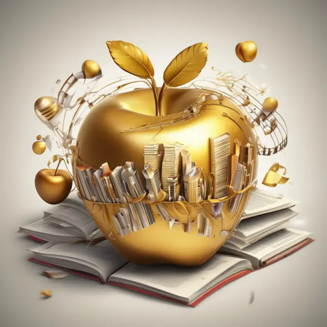 A collection of golden apples representing the publishing, music, energy, technology, and franchising industries, emphasizing the significance of royalties in each field