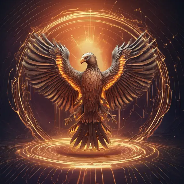 Shielded phoenix flying over interlinked financial institutions, illustrating RTGS security and efficiency in high-value transactions