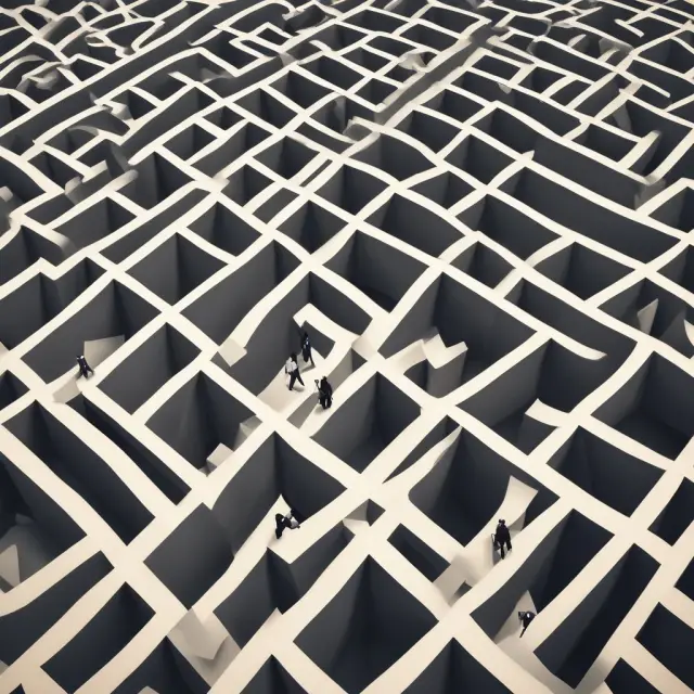 A complex maze representing two companies merging through a reverse triangular deal, preserving valuable contracts.