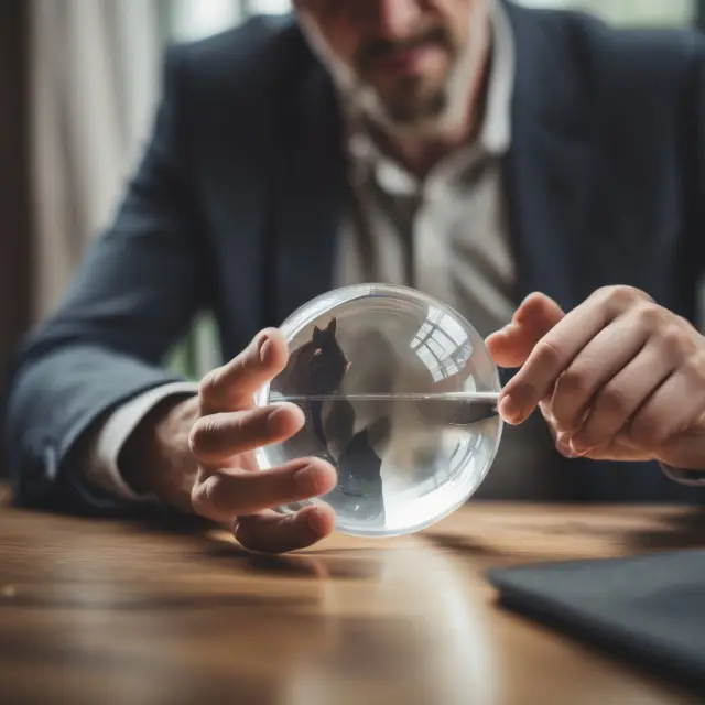 Insider reviewing crystal ball, displaying new certification and cool-off period conditions for Rule 10b5-1 trading plans