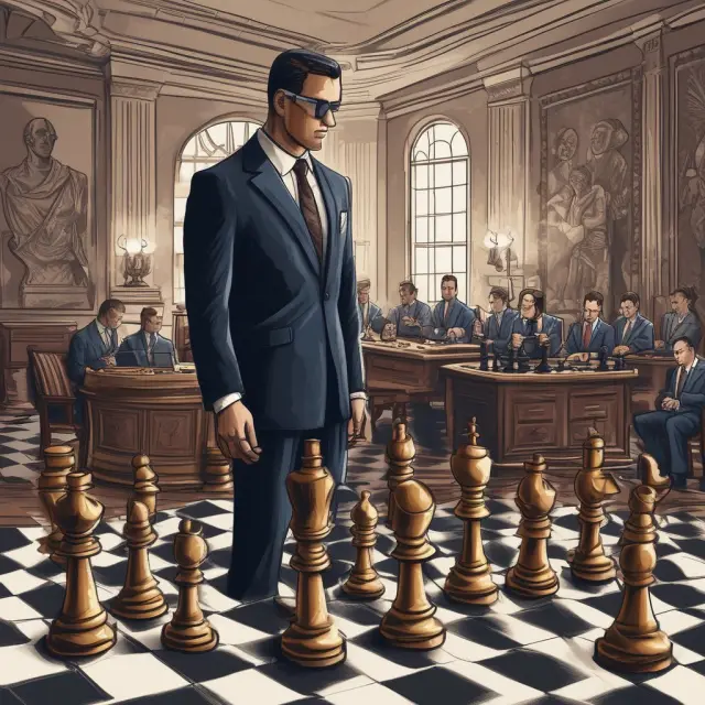 An SEC officer overseeing a chess game representing insider trading plans based on Rule 10b5-1, emphasizing the importance of regulatory compliance