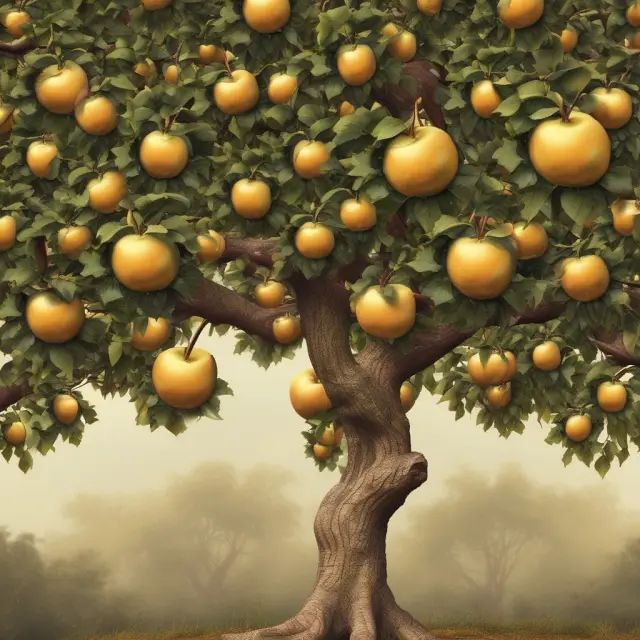 A golden apple tree with apples ripening at different speeds to represent various investment growth rates and the Rule of 70 calculation