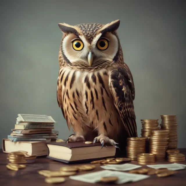 An owl with a rulebook holds golden coins and calculators, symbolizing financial wisdom.