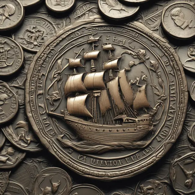 An old ship navigating the sea using financial rules of thumb represented by gold and silver coins