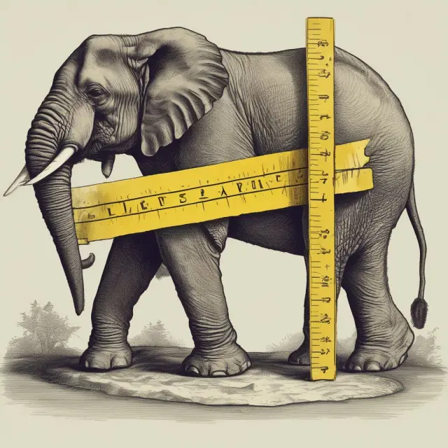An elephant with five legs holding a large golden ruler, symbolizing the 