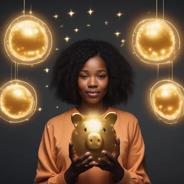 Golden piggy bank with six glowing orbs representing essential expenses and six months of savings for an emergency fund.