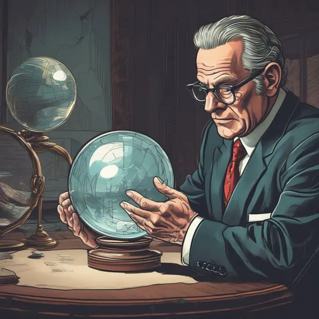 An executive holding a crystal ball and signing a document, symbolizing certifying a 10b5-1 trading plan, promoting transparency in the stock market.