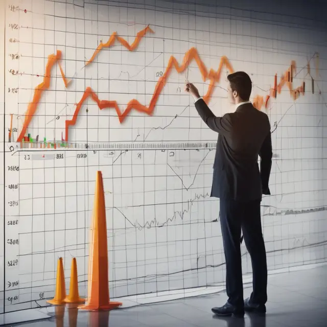 Executive implementing affirmative defense by outlining time frame for securities transactions with orange cones on a stock market chart
