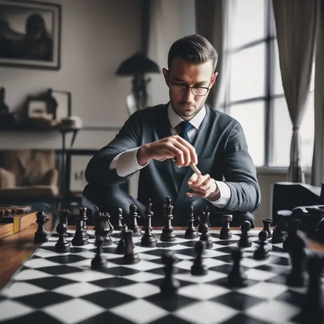 An investor placing a piece on a chessboard representing a Rule 10b5-1 trading plan, ensuring compliance and the application of affirmative defense.