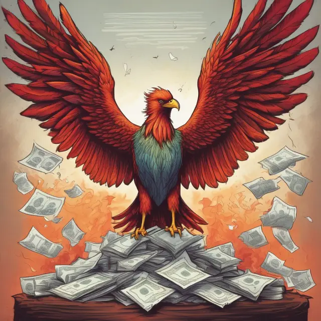 A mythical phoenix emerging from a pile of financial papers and charts, representing the transformative power and regulatory oversight of Rule 144