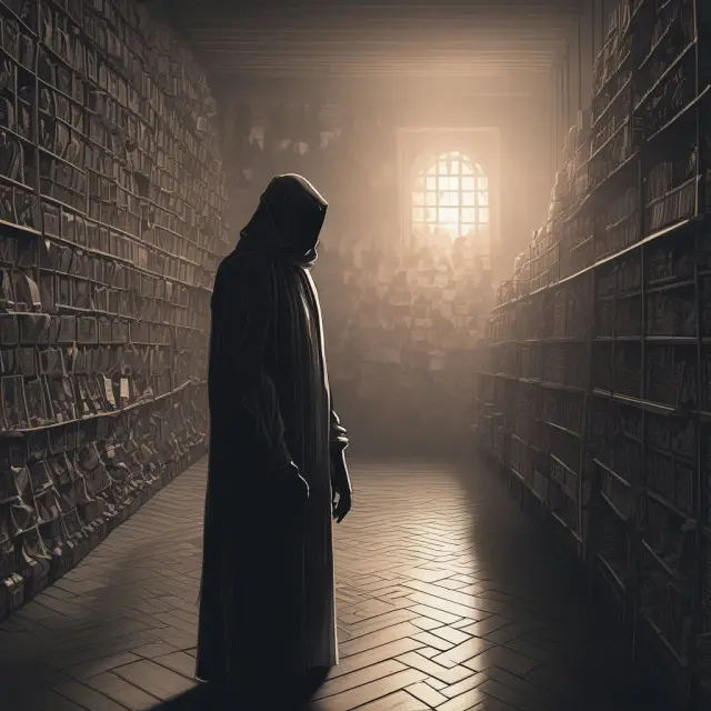 Figure in dark robe concealing financial marketplace with Rule 144A while selected investors peek through