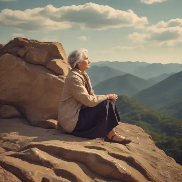 An elderly woman weighs her retirement options on top of a golden mountain, considering penalty-free withdrawals under Rule 72(t)