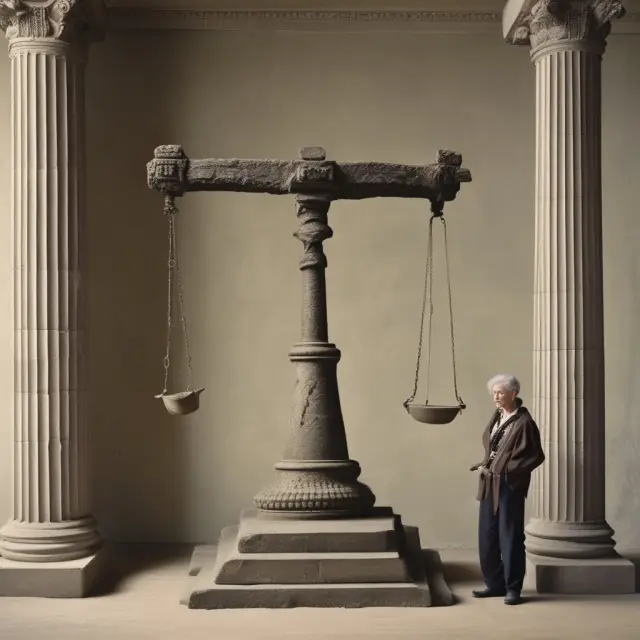 Woman deciding between three methods (amortization, minimum distribution, annuitization) on an ancient scale, representing Rule 72(t)