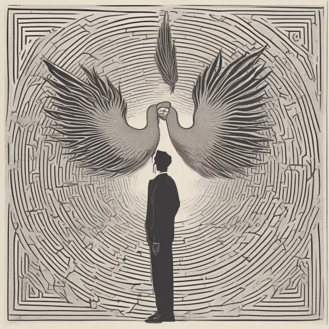 A borrower explores a maze symbolizing loan terms with a mythical phoenix representing the Rule of 78, emphasizing the transformation of early repayment costs