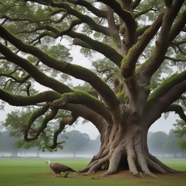 An ancient oak tree offering refuge to a soaring eagle, representing runoff insurance