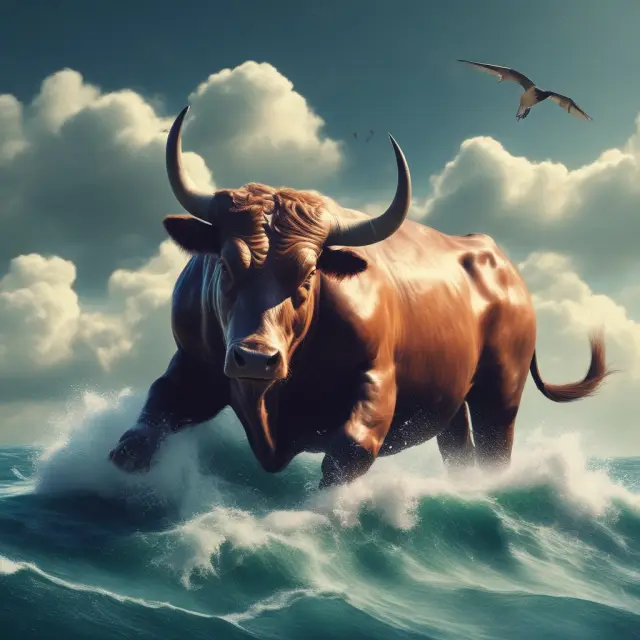 Market cap bull in thoughtful pose, scales displaying stock prices, while trading waves ebb and flow behind.
