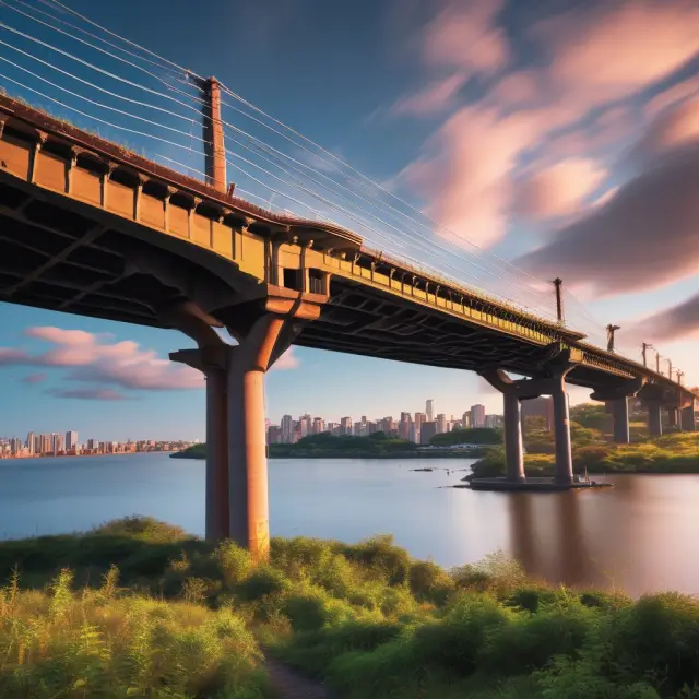 Image of a bridge connecting two lands representing passive and active investment strategies for the Russell 1000 Index, with iShares ETFs on one side