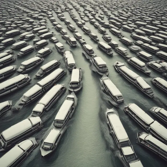 An image of a flowing river filled with market capitalization values, where companies enter or exit a large boat symbolizing the Russell 1000 Index