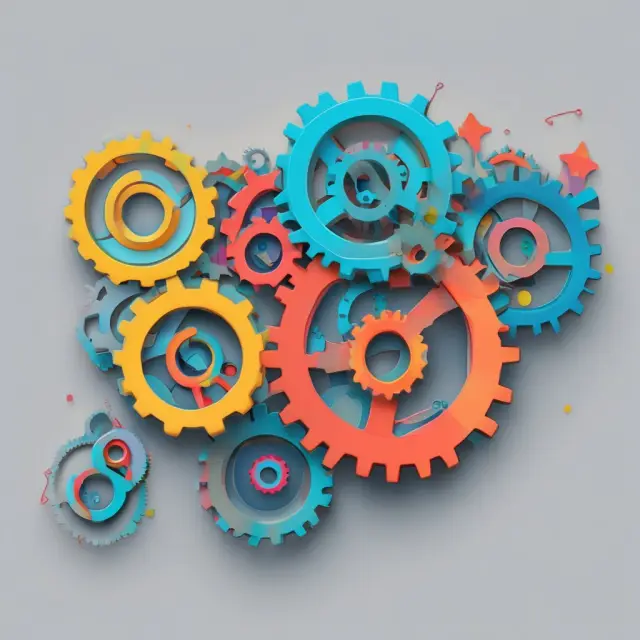 Three interconnected gears symbolizing large-cap Russell 1000 (largest gear), technology sector (medium gear), and small-cap Russell 2000 (smallest gear) in the Russell 3000 index