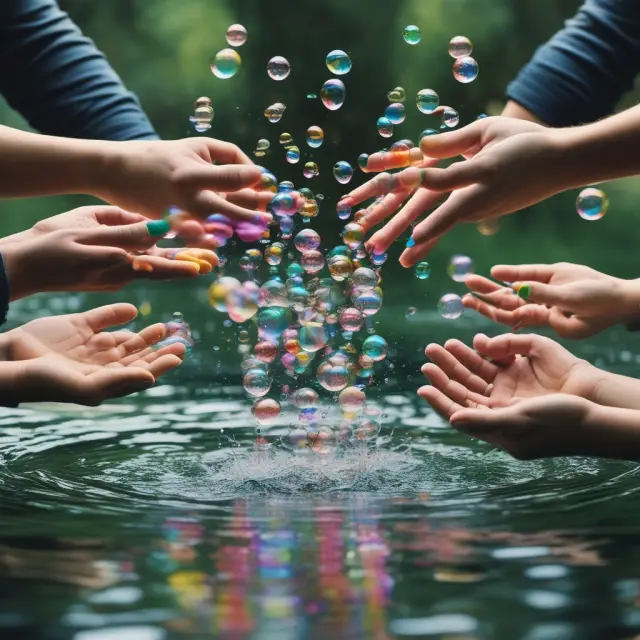 A hand releases multicolored bubbles into a pond, representing the release of capital into multiple funds across different categories to create a diversified investment portfolio