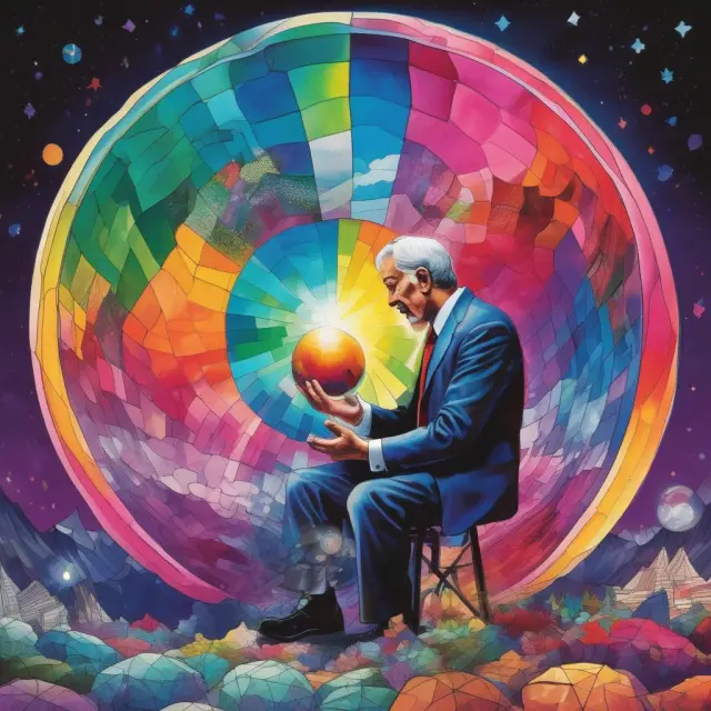 An institutional investor examining SAARs data in a crystal ball. Economy sectors swirl around them as colored whirlwinds, illustrating seasonal adjustments.