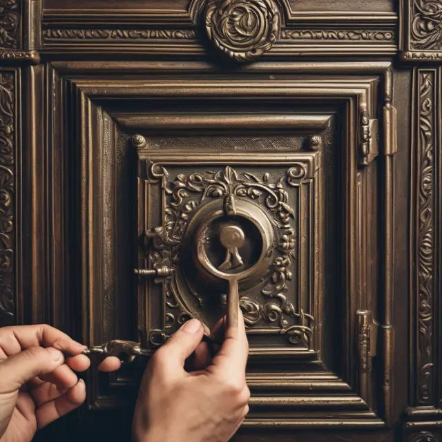 A person unlocking a safe deposit box with an ornate key, illustrating the security and access procedures involved in obtaining valuable items from a rental box.