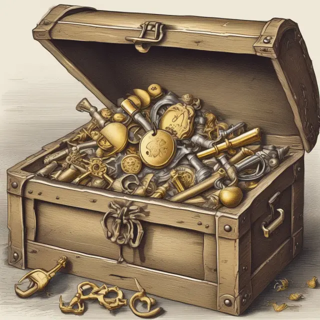 A person holds the key to a chest filled with gold documents and valuable items, symbolizing secure storage in a safe deposit box