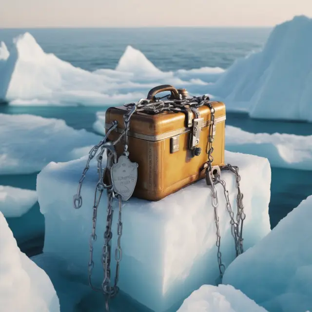 An image of a safe with chained keys floating on an iceberg, illustrating the limited accessibility of safe deposit boxes.