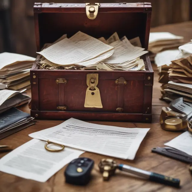 Golden key unlocks treasure chest with documents, keys, and collectibles, symbolizing safe deposit box contents. Surrounded by tax forms and insurance policies on a table.