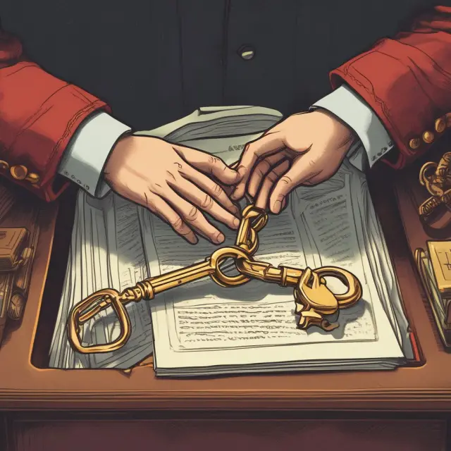 Two individuals exchange papers as they each hold one key to a shared safe deposit box
