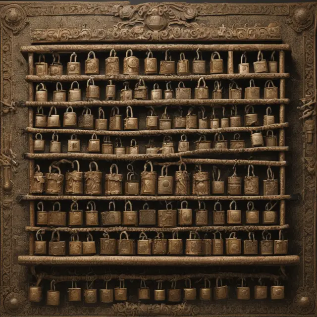 A richly detailed tapestry representing a FAQ section, with padlocks and keys weaving together for secure access to safe deposit box information.