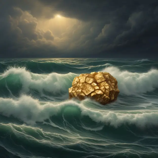 A golden nugget protectively submerged within stormy waves, illustrating gold