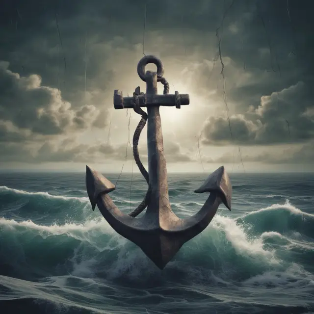 An image depicting an anchor in a stormy sea, symbolizing safety during market instability. The anchor is surrounded by stock charts with real estate and REITs as pillars